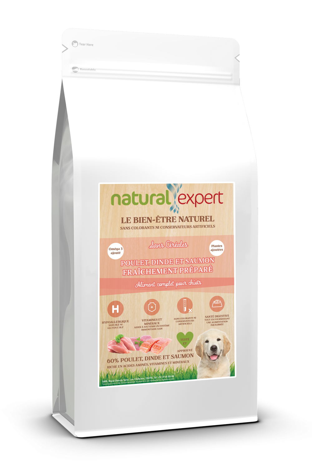 Croquettes NATURELLES Chiots race moyenne 60% Poulet, Dinde et Saumon