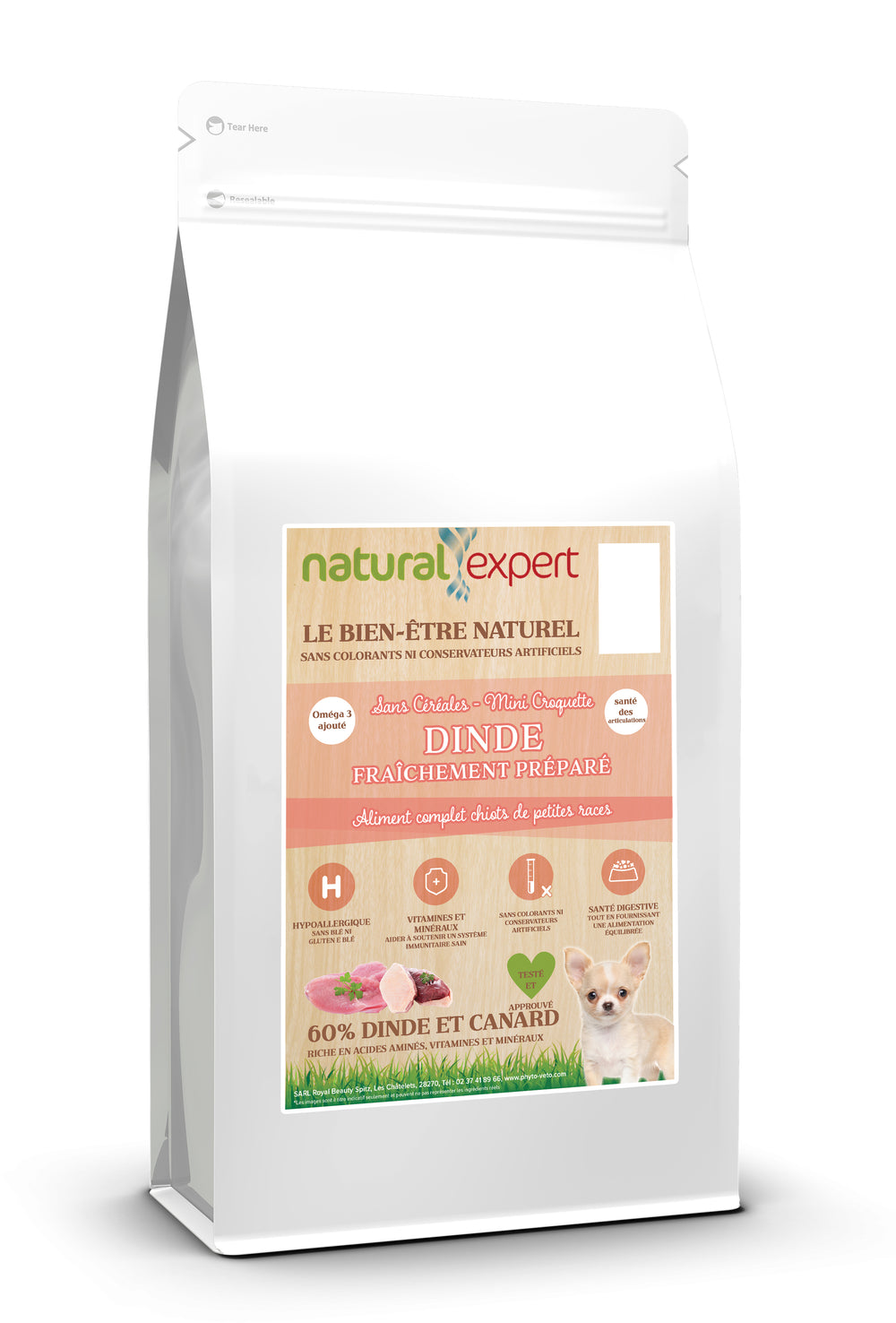 Croquettes NATURELLES Chiot de petite Race 60% Dinde & Canard